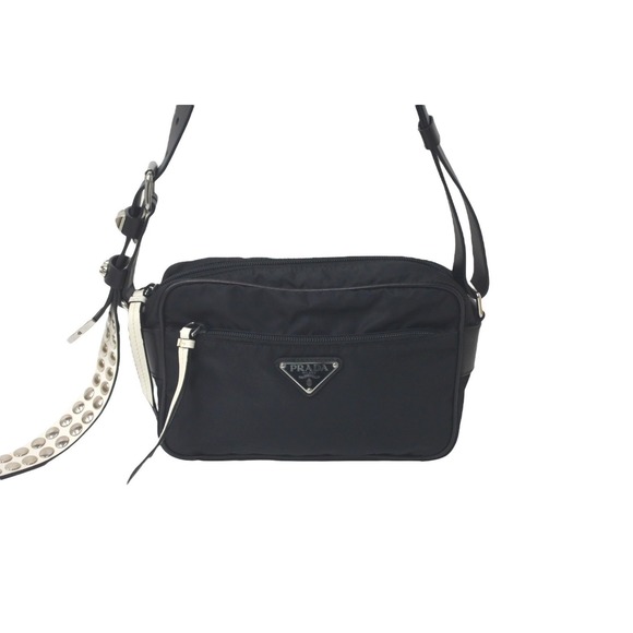 Prada Studded Shoulder Bag Triangle Logo Nylon Black - Picture 2 of 10